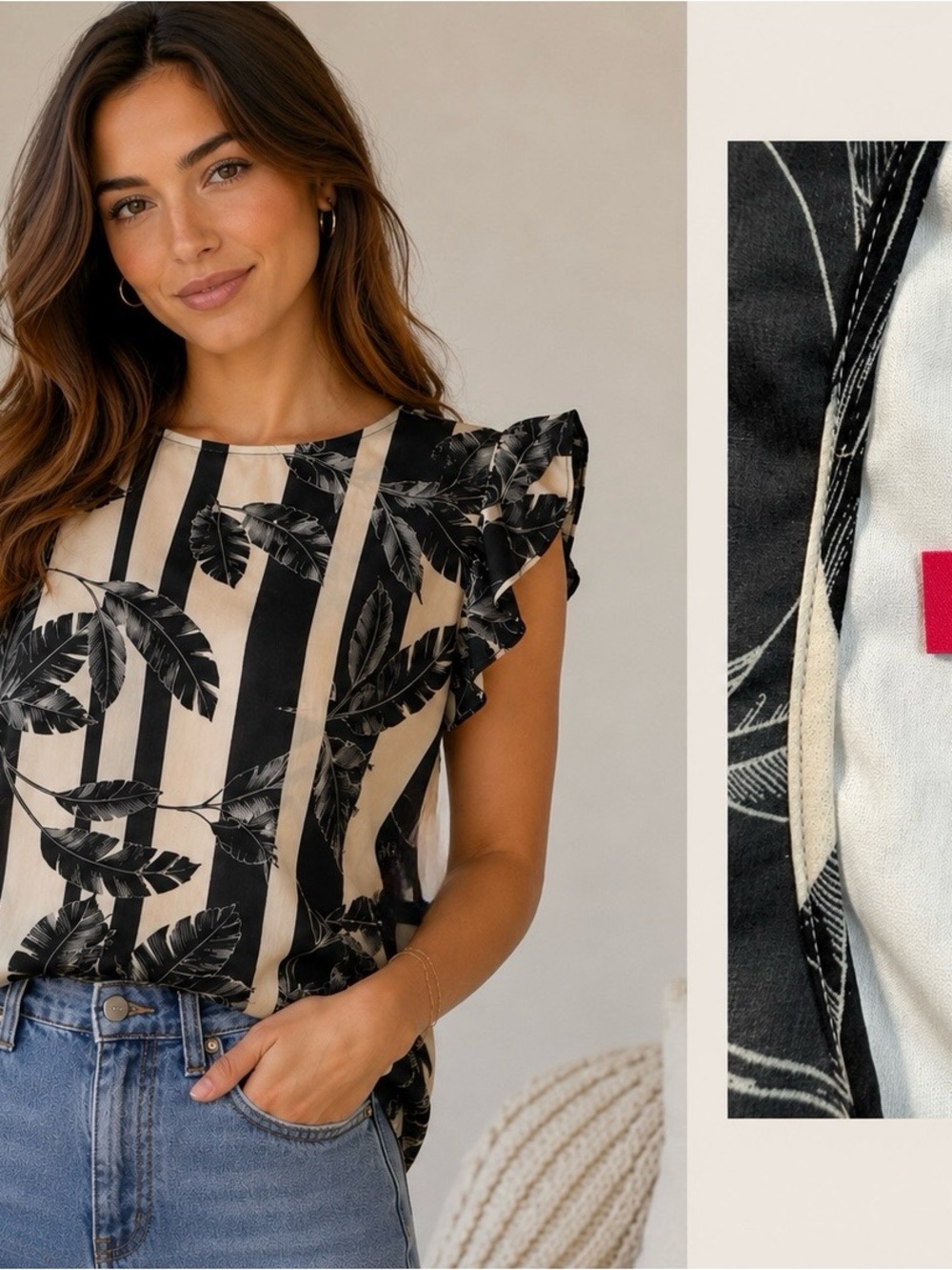 Vince Camuto Black & Cream Striped Palm-Print Ruffle Sleeve Blouse
